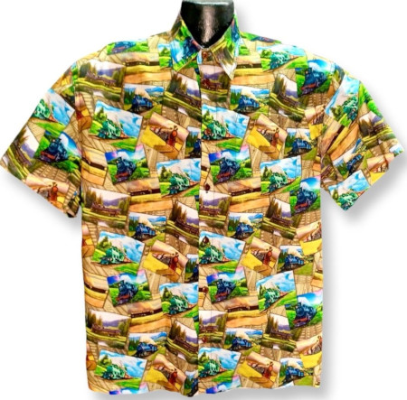 Train Postcards Hawaiian Shirt- Made in USA- 100% Cotton